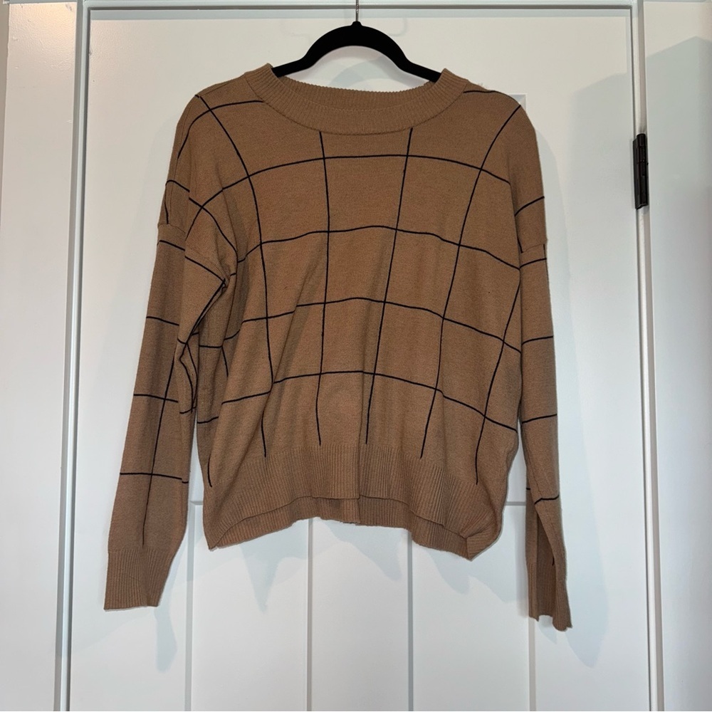 Tahari Tan Sweater with Black Grid Pattern